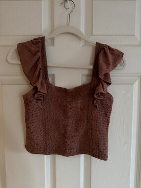 SO Brown Ruffle Strap Smocked Crop Top